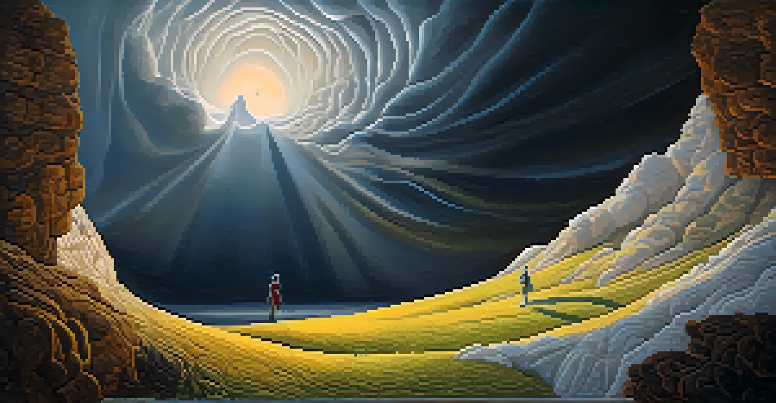 A figure on a hilltop surrounded by radiant light on one side and swirling shadows on the other, illustrating the struggle between hope and fear.