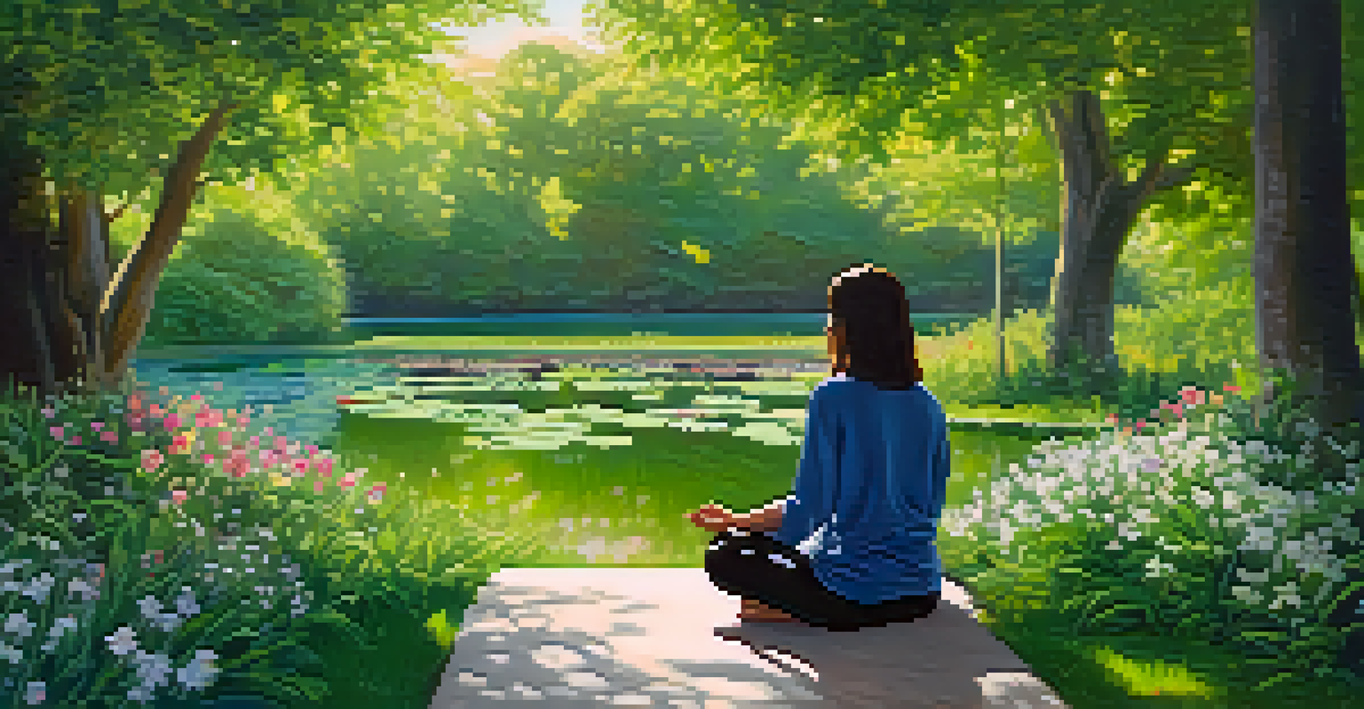 A person sitting cross-legged in a park, practicing mindfulness with eyes closed, surrounded by flowers and a pond.