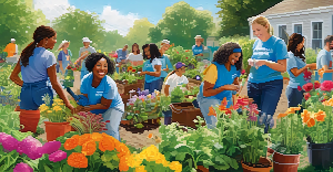 A group of diverse volunteers joyfully planting in a community garden under a sunny sky.