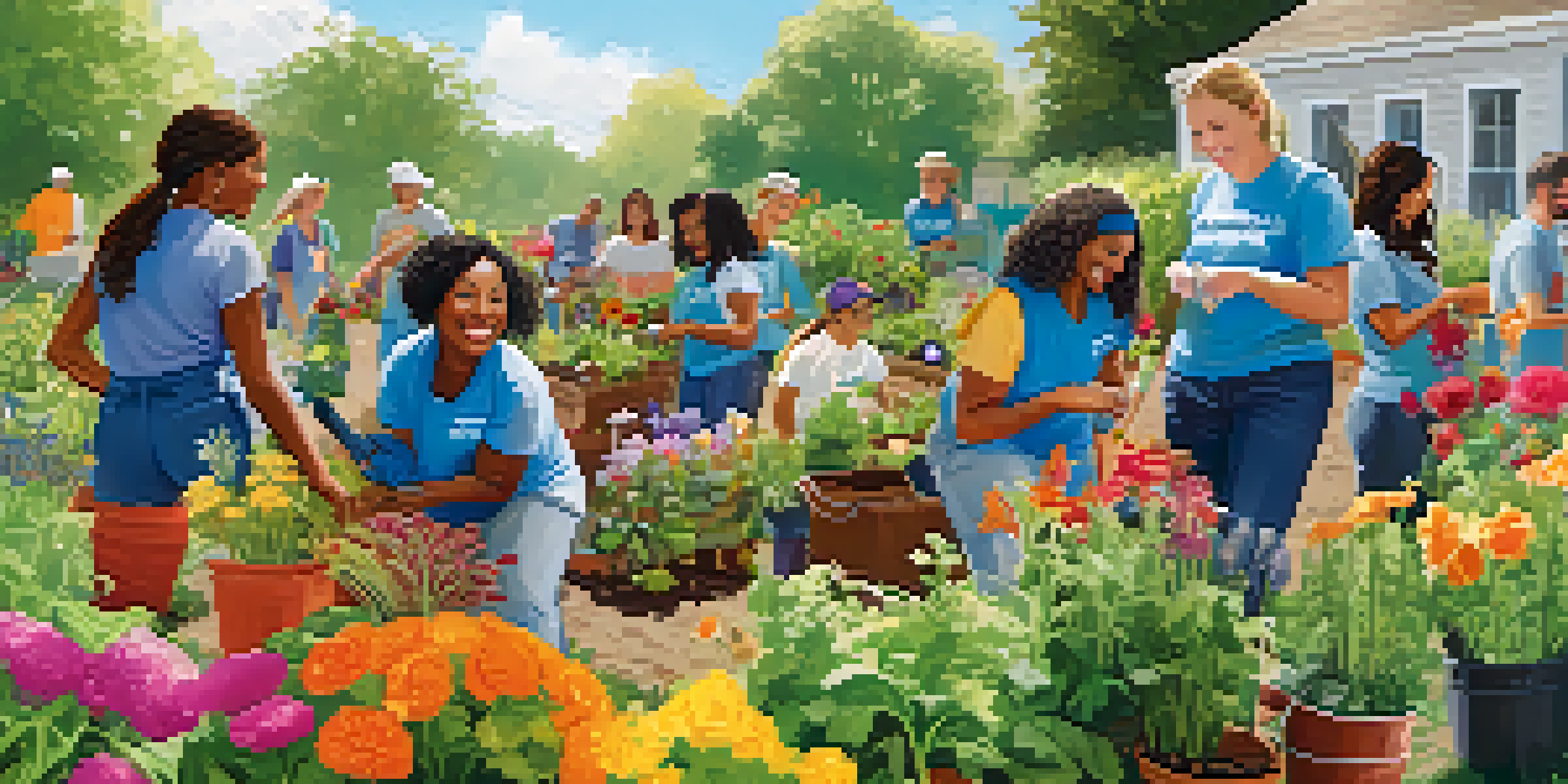 A group of diverse volunteers joyfully planting in a community garden under a sunny sky.
