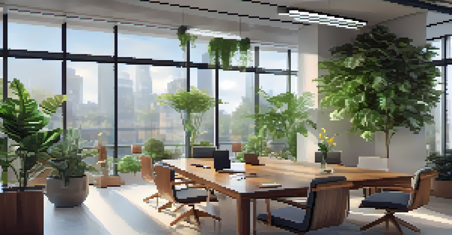 A modern office filled with natural light, plants, and a leader engaging with happy team members in a meeting.