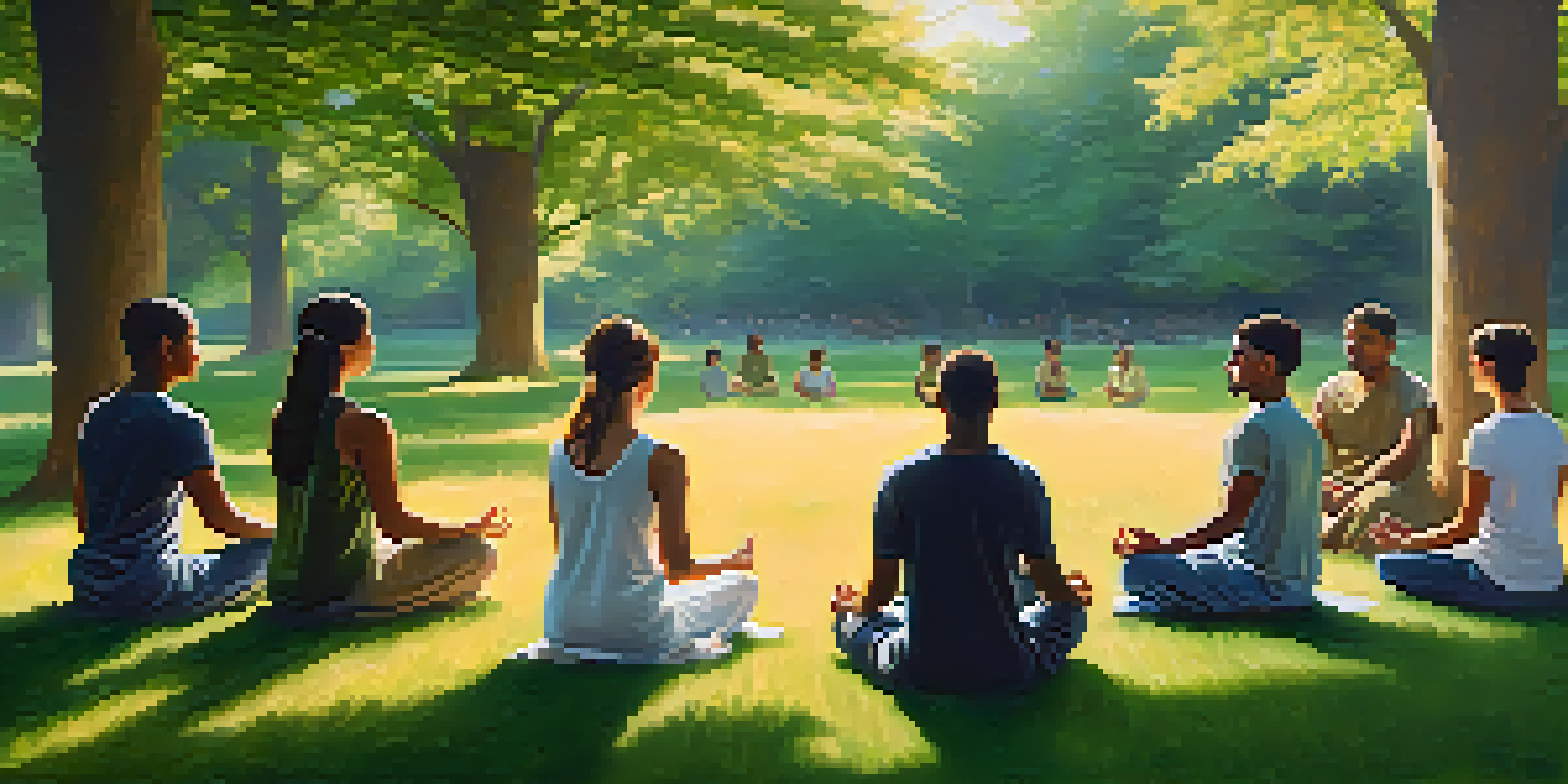 A group of diverse individuals meditating together in a sunny grassy field, radiating peace and kindness.