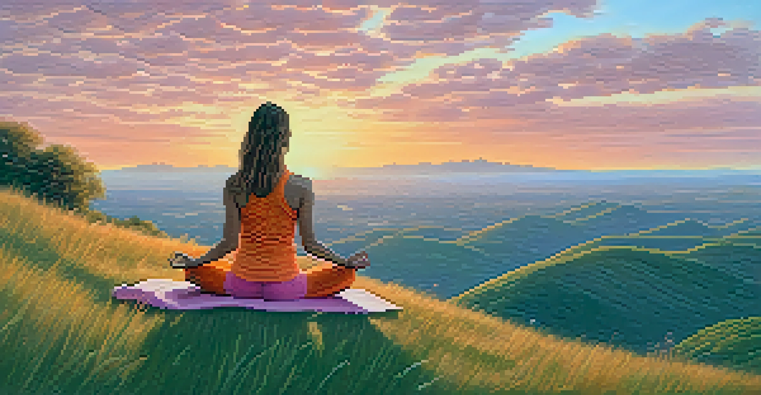 A person practicing yoga on a hilltop at sunset, surrounded by nature, with a colorful sky.