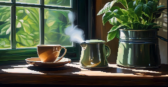 A steaming cup of coffee placed on a rustic wooden table, surrounded by green plants with soft light coming through a window.