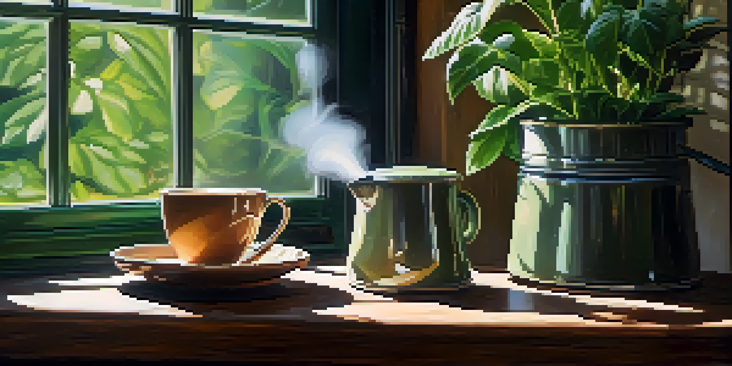 A steaming cup of coffee placed on a rustic wooden table, surrounded by green plants with soft light coming through a window.
