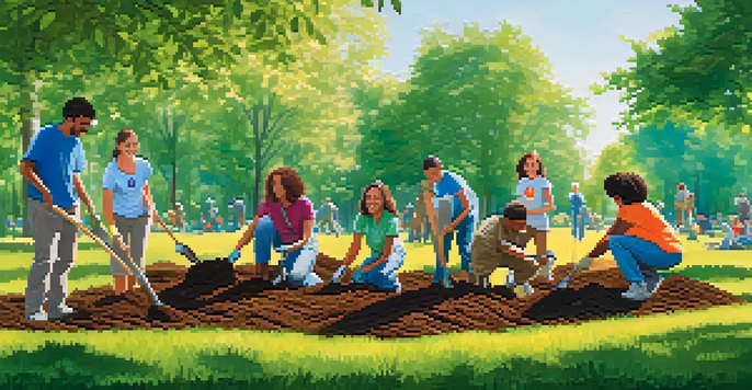 A diverse group of volunteers working together to plant trees in a sunny park, smiling and engaging with each other.