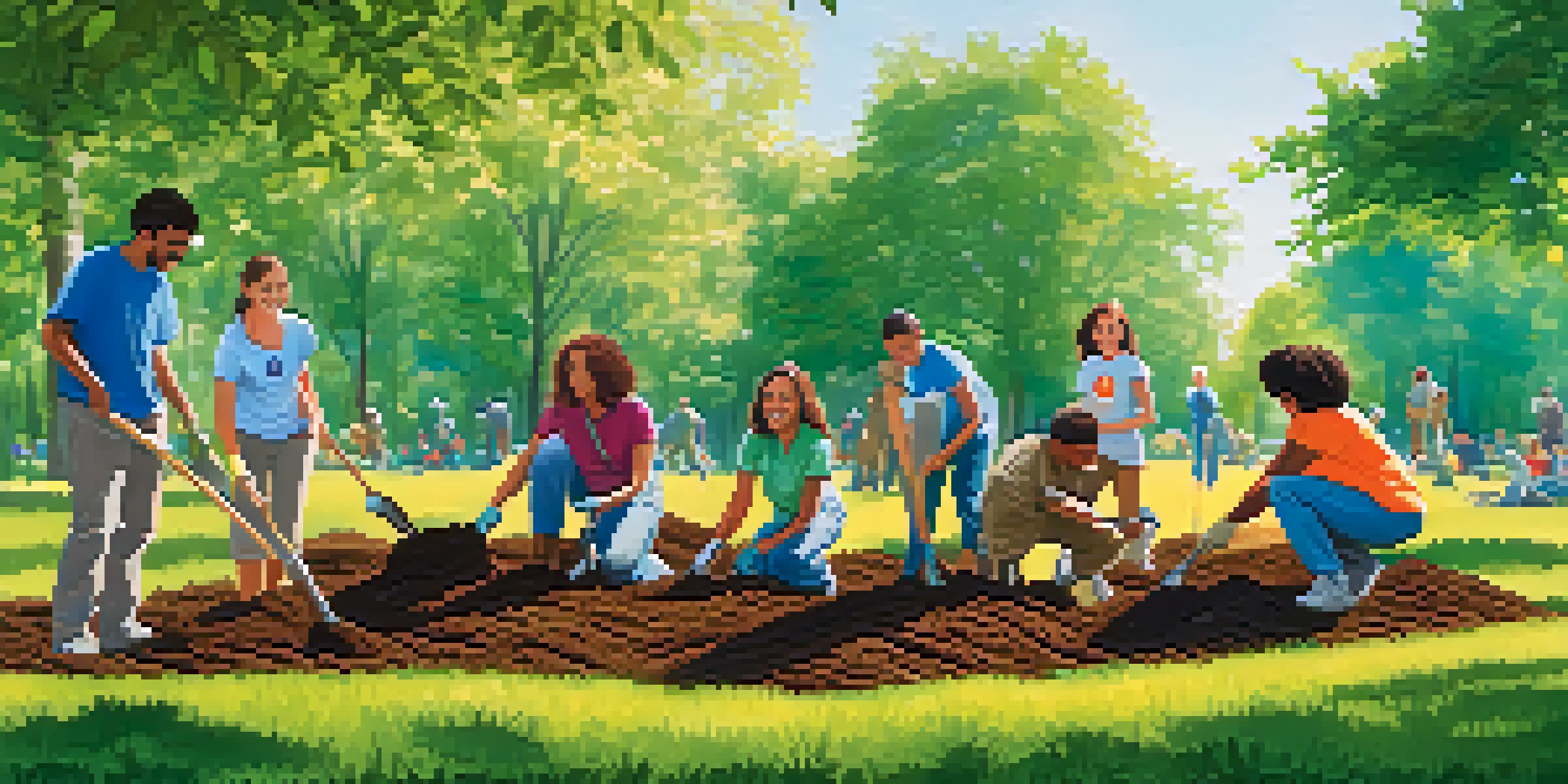 A diverse group of volunteers working together to plant trees in a sunny park, smiling and engaging with each other.