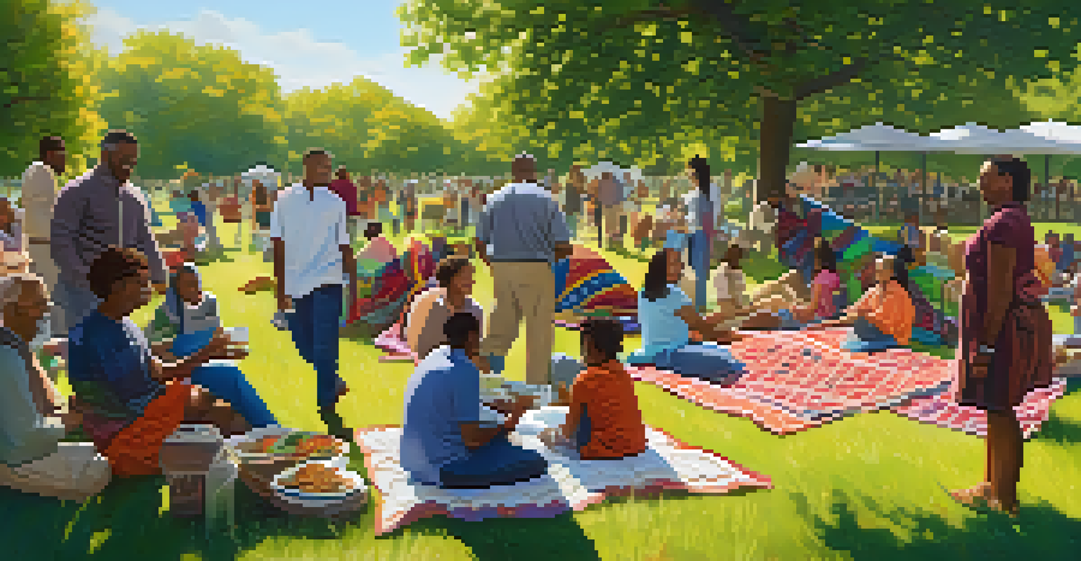 A diverse group of people enjoying a meal together in a sunny park, surrounded by nature.
