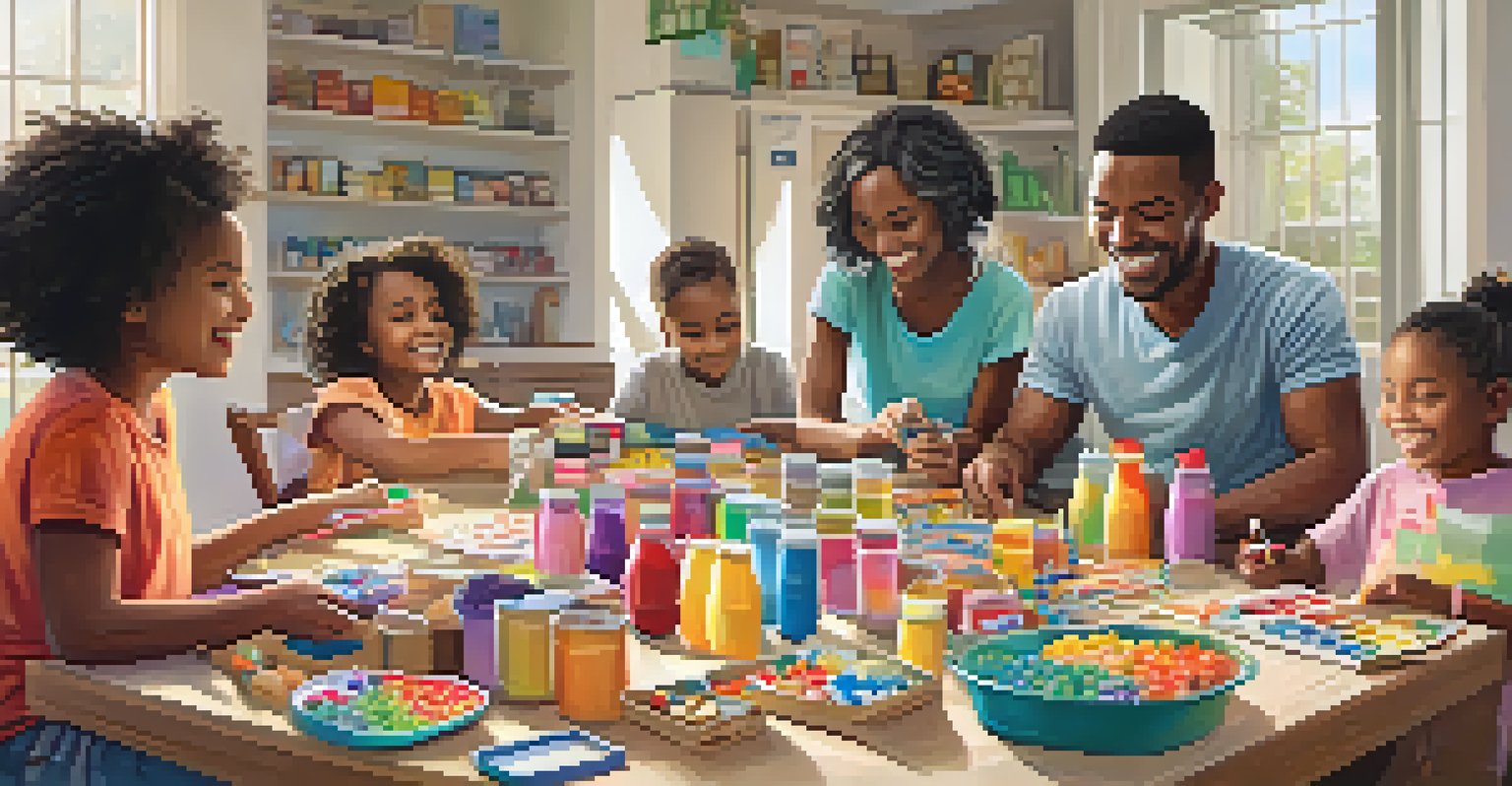 A family assembling care packages together at a table, smiling and engaged in community service.