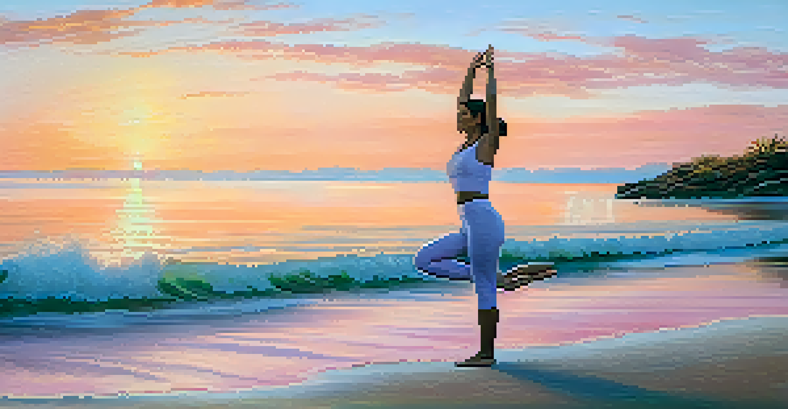 A person practicing yoga on a beach at sunrise, with pastel skies and calm water.