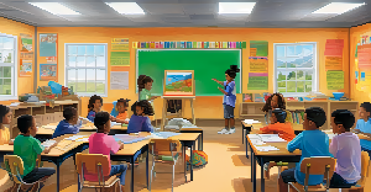 Children from diverse backgrounds working together on a project in a colorful classroom, promoting compassion and teamwork.