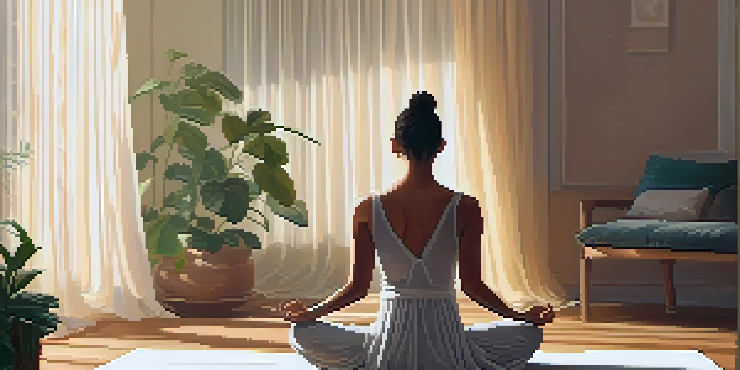 A person meditating in a softly lit room, practicing diaphragmatic breathing with one hand on their belly and the other on their knee.