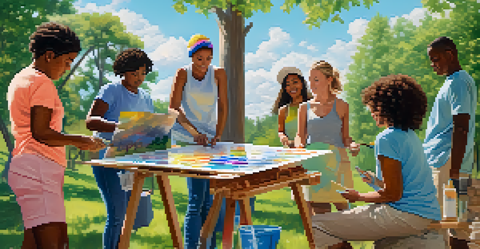 A diverse group of people painting together outdoors on a large canvas with trees and blue sky in the background.