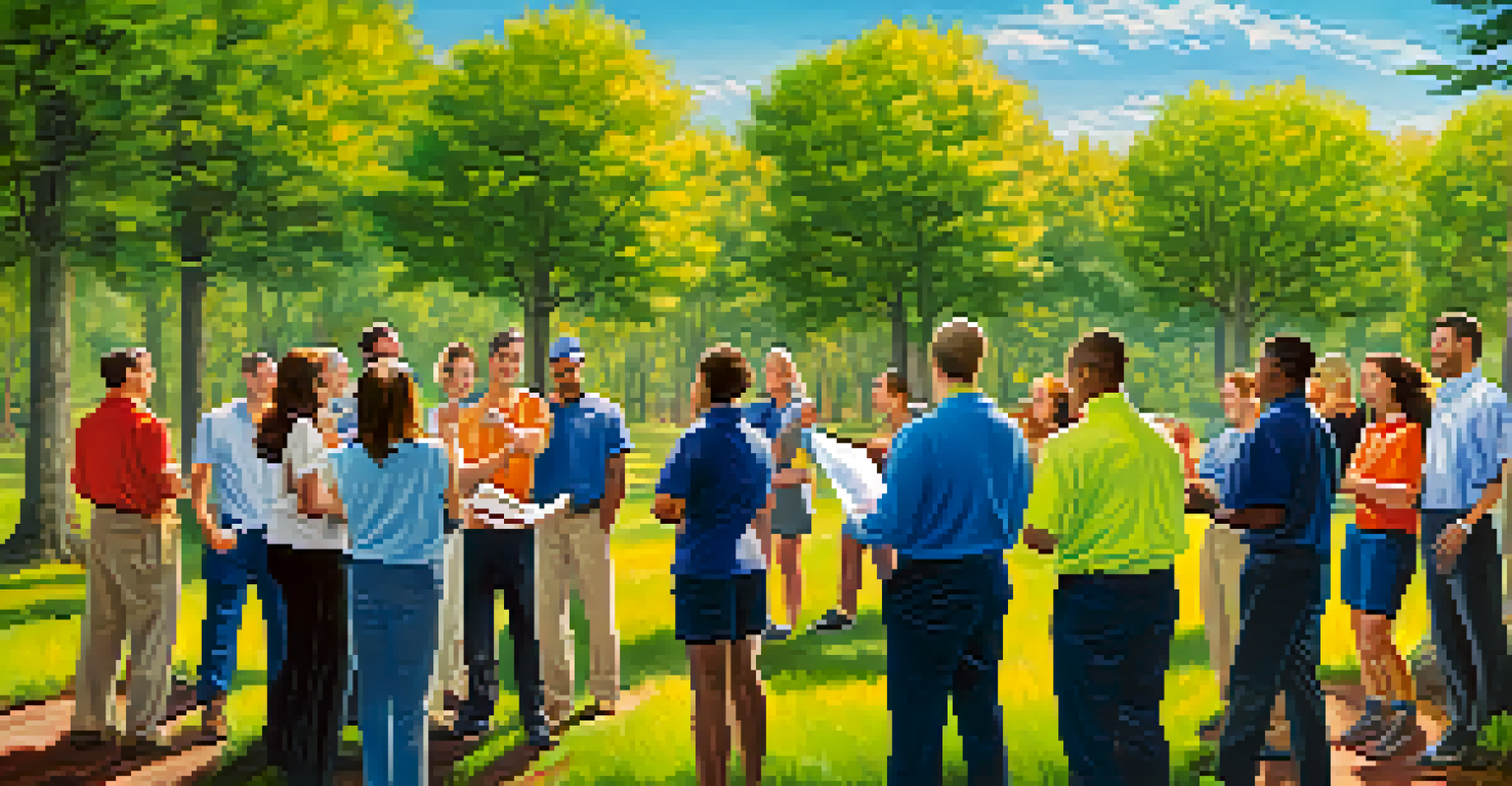Employees engaged in a team-building exercise outdoors, surrounded by nature and showing teamwork.