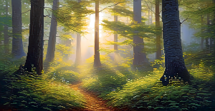 A peaceful forest at sunrise with golden light, wildflowers, and mist.
