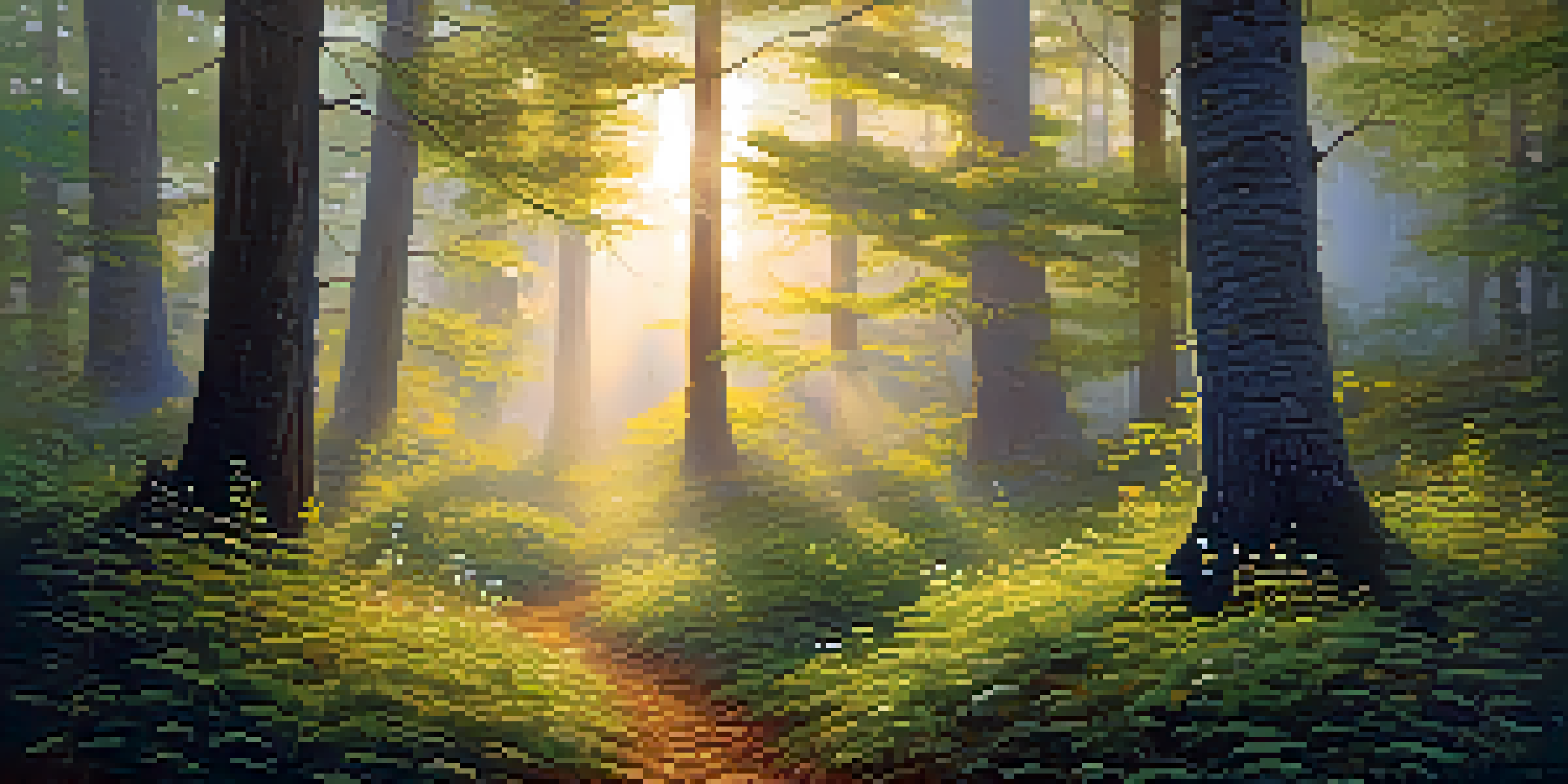 A peaceful forest at sunrise with golden light, wildflowers, and mist.