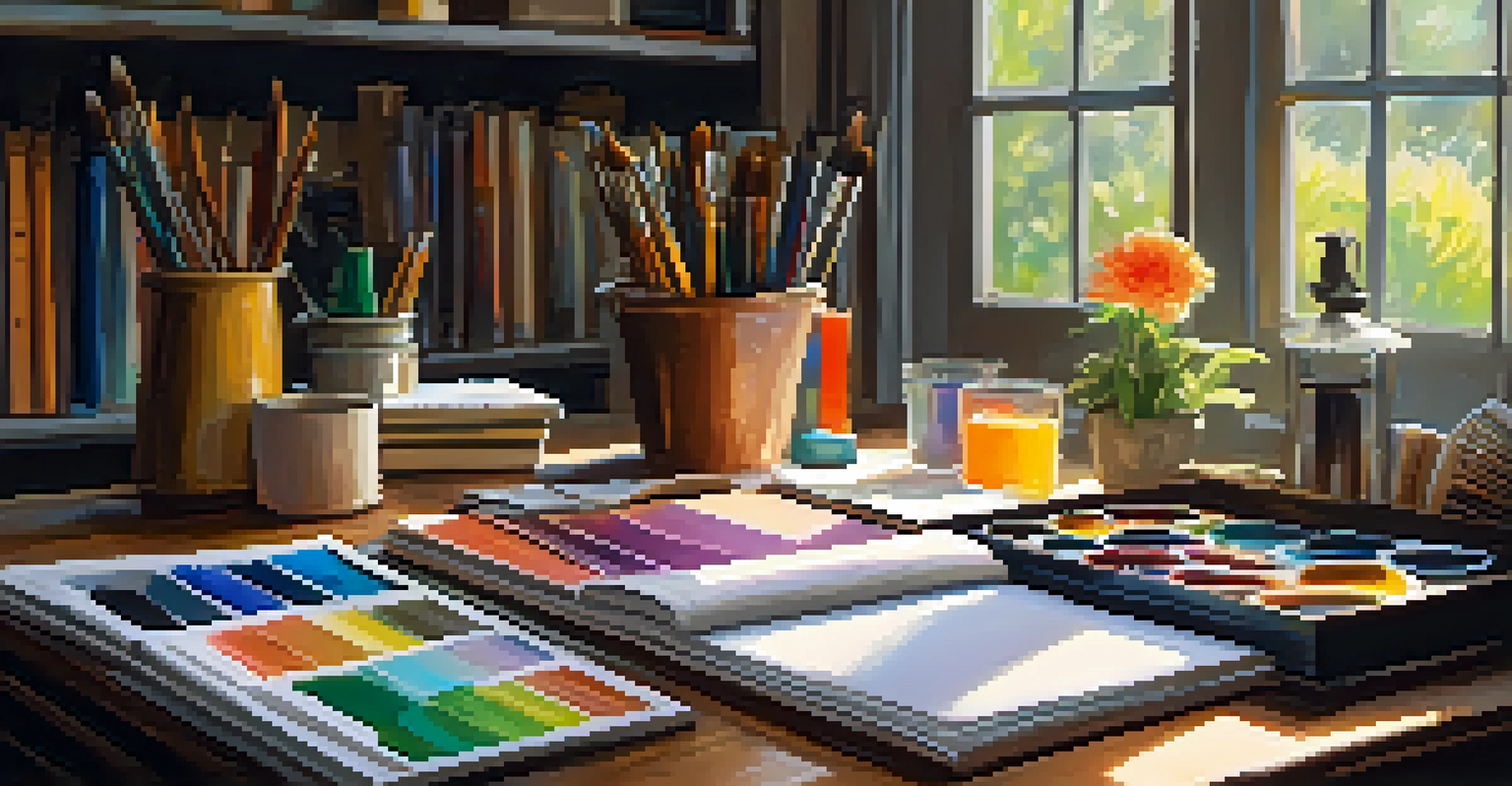 A cozy artist's workspace with colorful art supplies, a flickering candle, and a view of a tranquil garden.