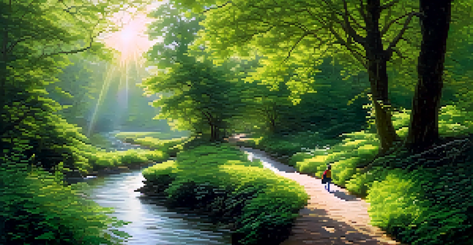 A peaceful forest path with a person walking, surrounded by greenery and a flowing stream, under sunlight filtering through leaves.