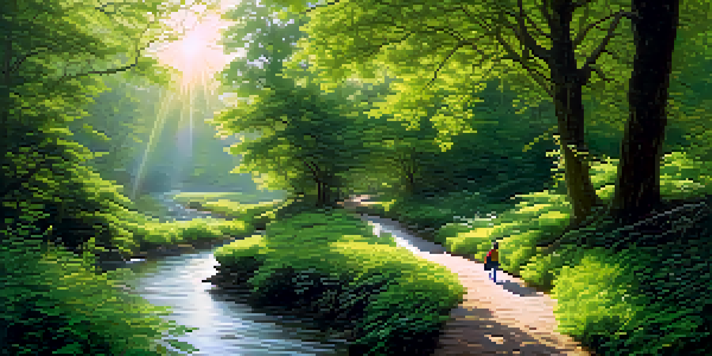 A peaceful forest path with a person walking, surrounded by greenery and a flowing stream, under sunlight filtering through leaves.