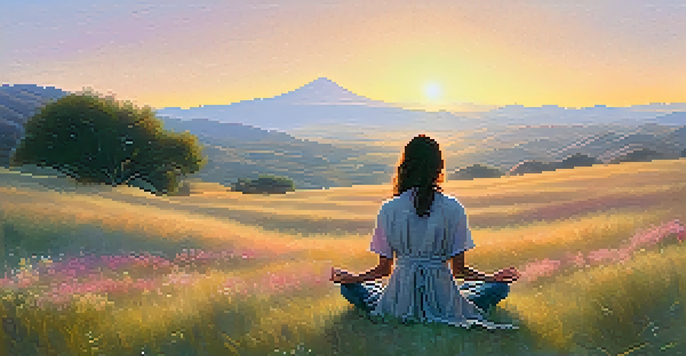 A person meditating on a hilltop during sunrise, surrounded by flowers and distant mountains.