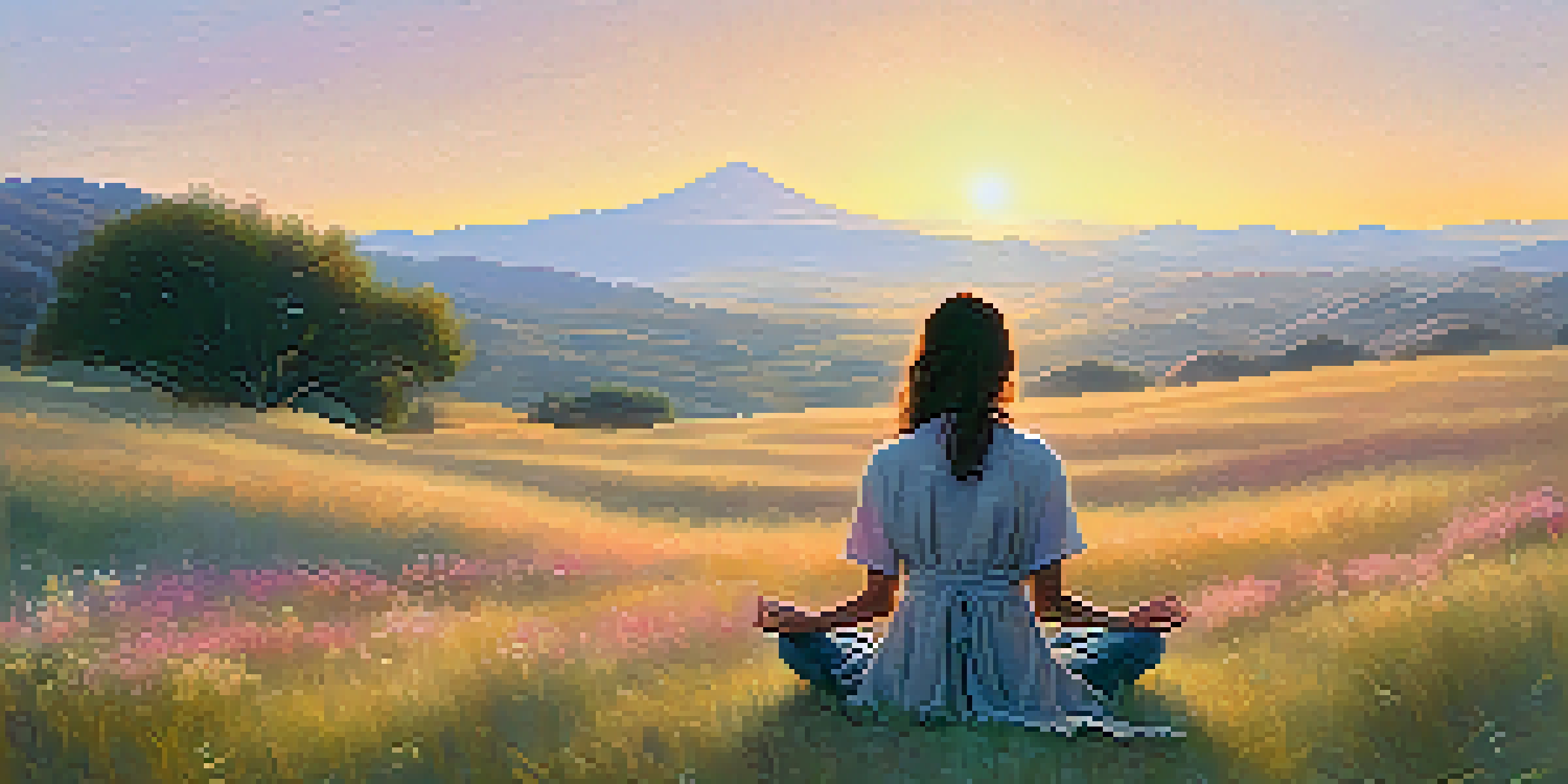 A person meditating on a hilltop during sunrise, surrounded by flowers and distant mountains.