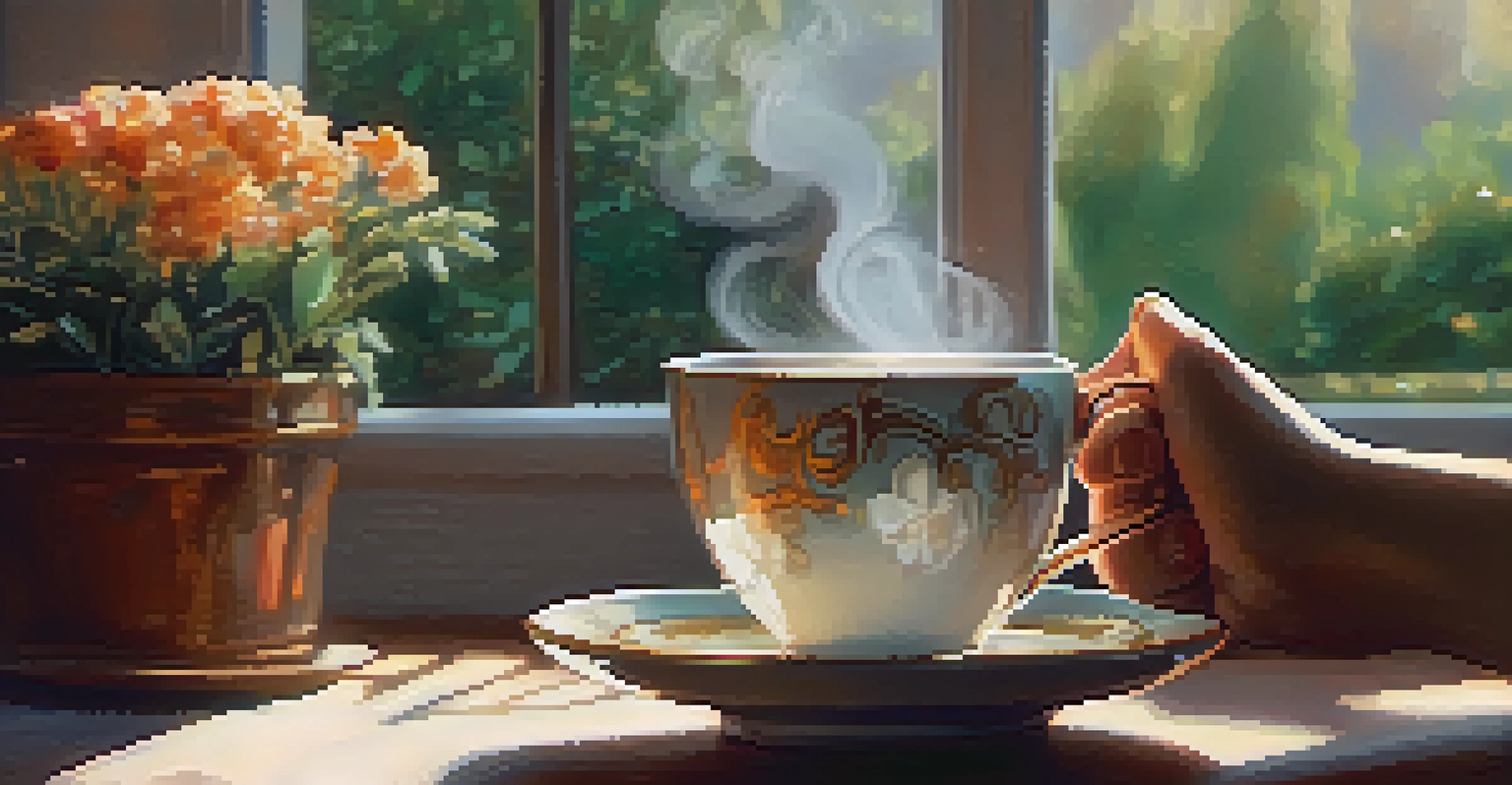 Close-up of hands holding a steaming cup of tea in a cozy room filled with plants and warm light.
