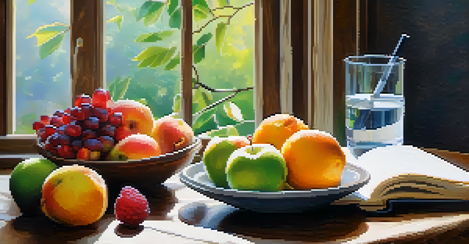 A rustic table set with fresh fruit, water, and a journal in a naturally lit environment.