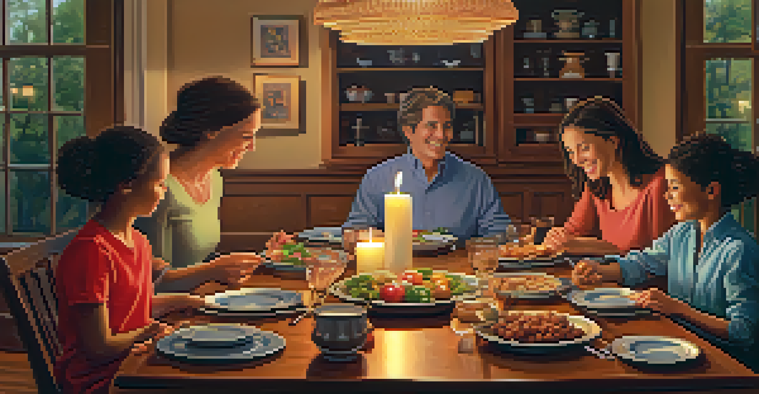 A family gathered around a beautifully set dining table for Sunday dinner, surrounded by warm candlelight.