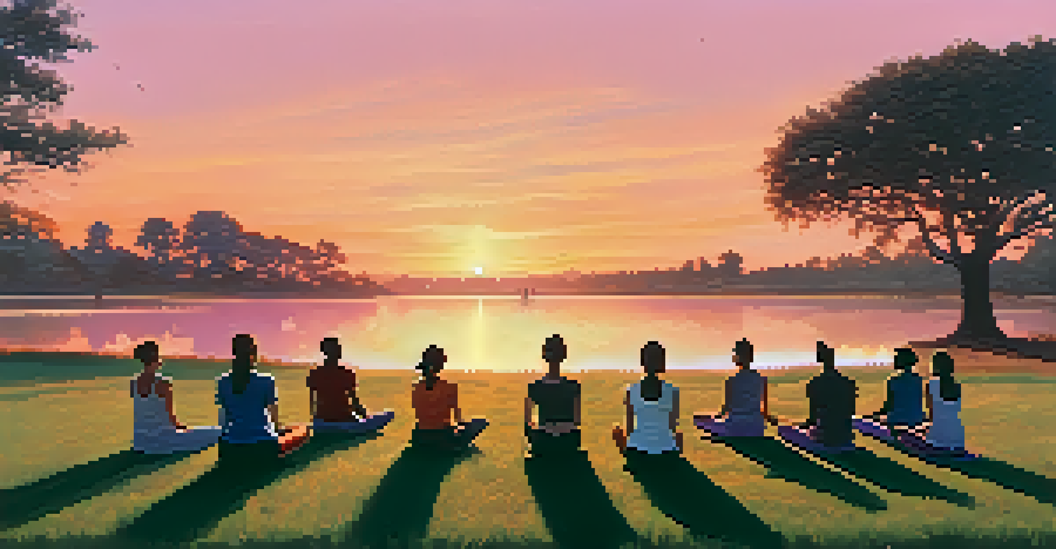 A group of people practicing yoga together at sunset, with colorful skies and a grassy field.