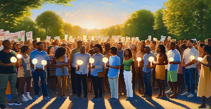 A diverse group of people gathered outdoors for a peaceful protest, holding candles and signs in a warm golden hour light.