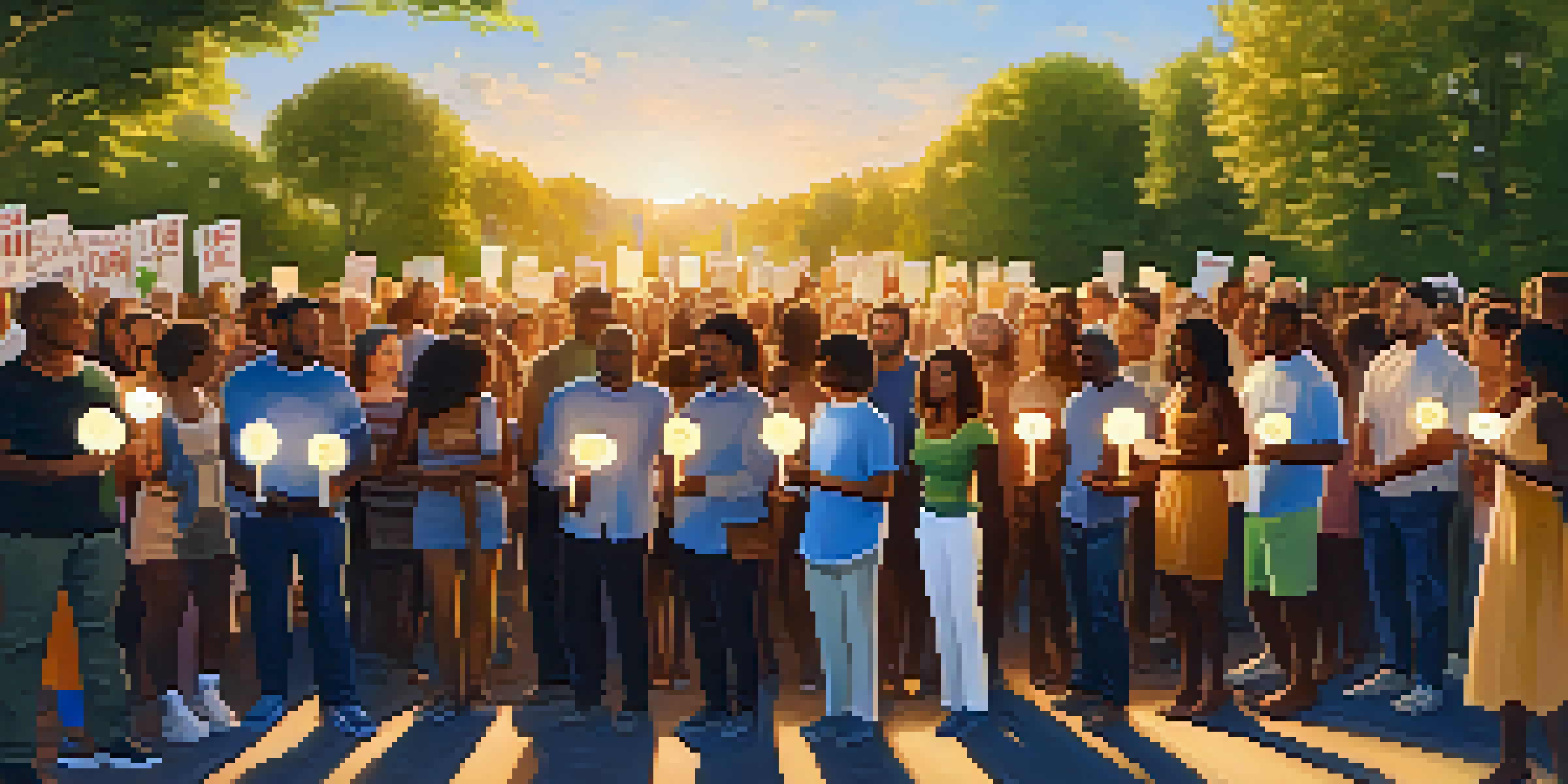 A diverse group of people gathered outdoors for a peaceful protest, holding candles and signs in a warm golden hour light.