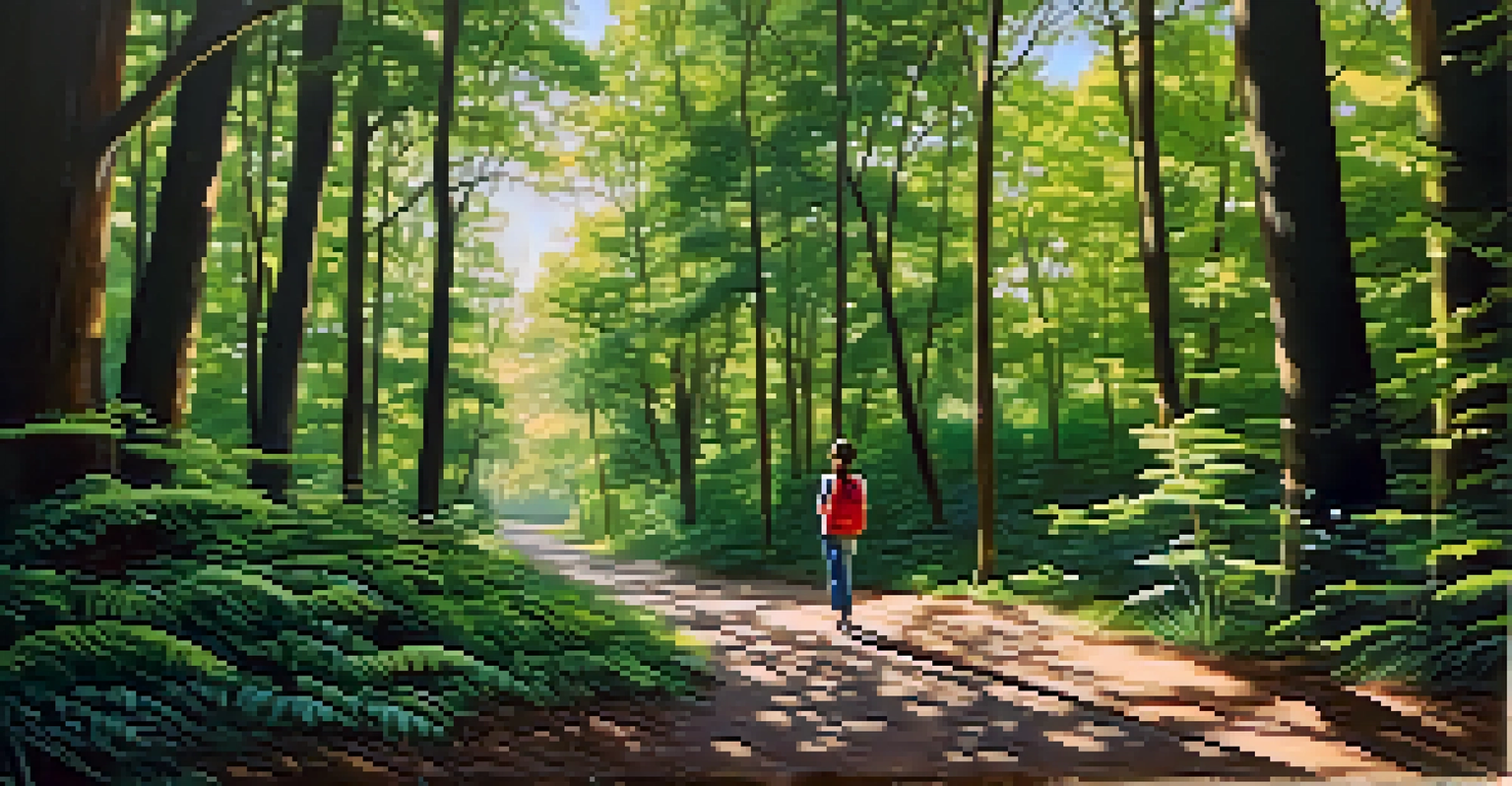 A person walking mindfully along a forest path, surrounded by greenery and sunlight filtering through the trees.