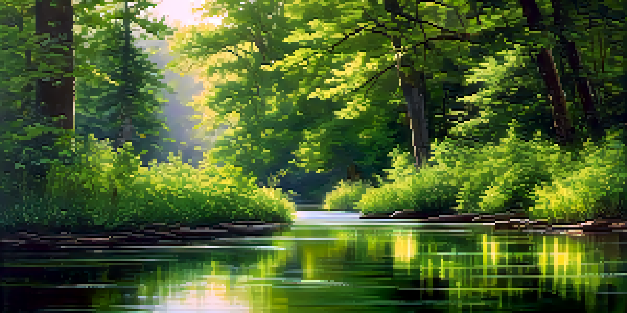 A peaceful river in a green forest with sunlight filtering through the trees and wildflowers along the bank.