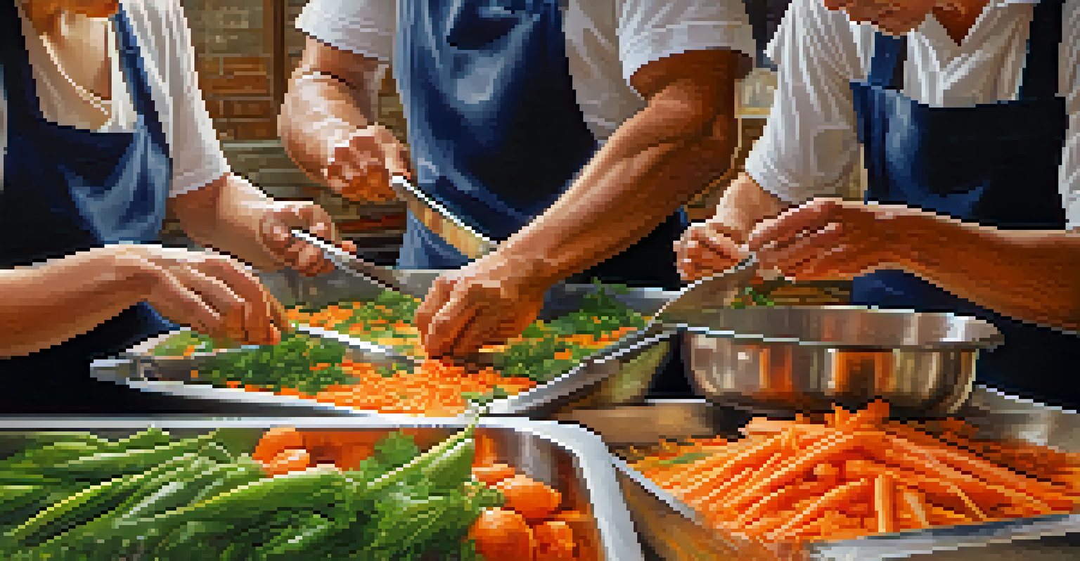 Close-up of hands chopping fresh vegetables in a community kitchen, symbolizing service and compassion.