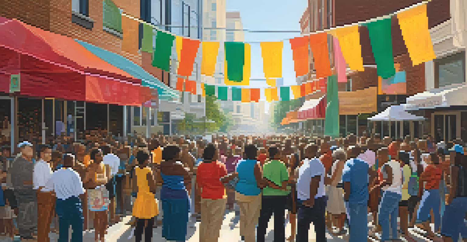 A community gathering in an urban area discussing economic justice, with colorful banners and a sense of unity among diverse individuals.