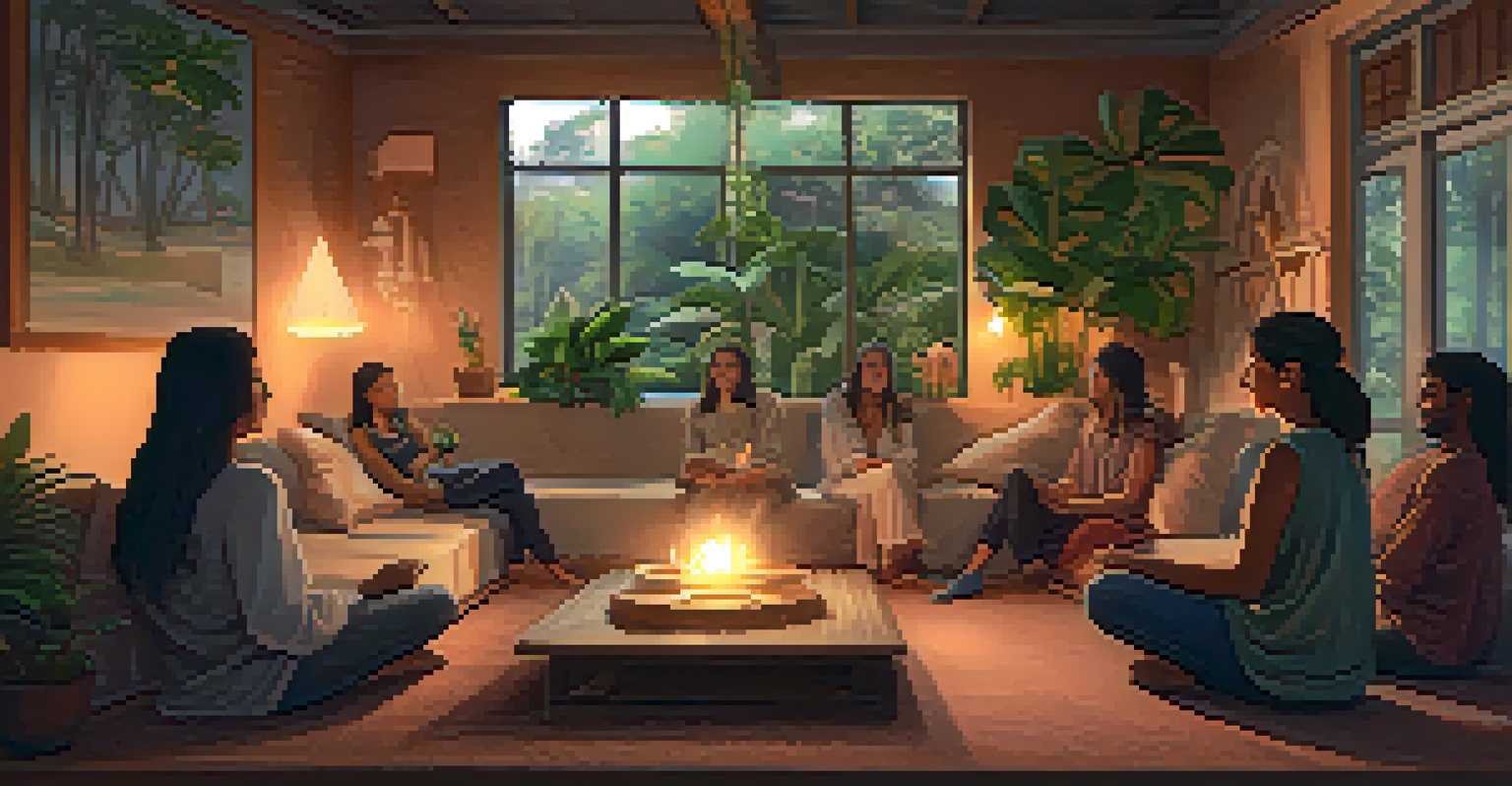 A small group of people sharing personal stories in a warm, inviting indoor space filled with cushions and plants.