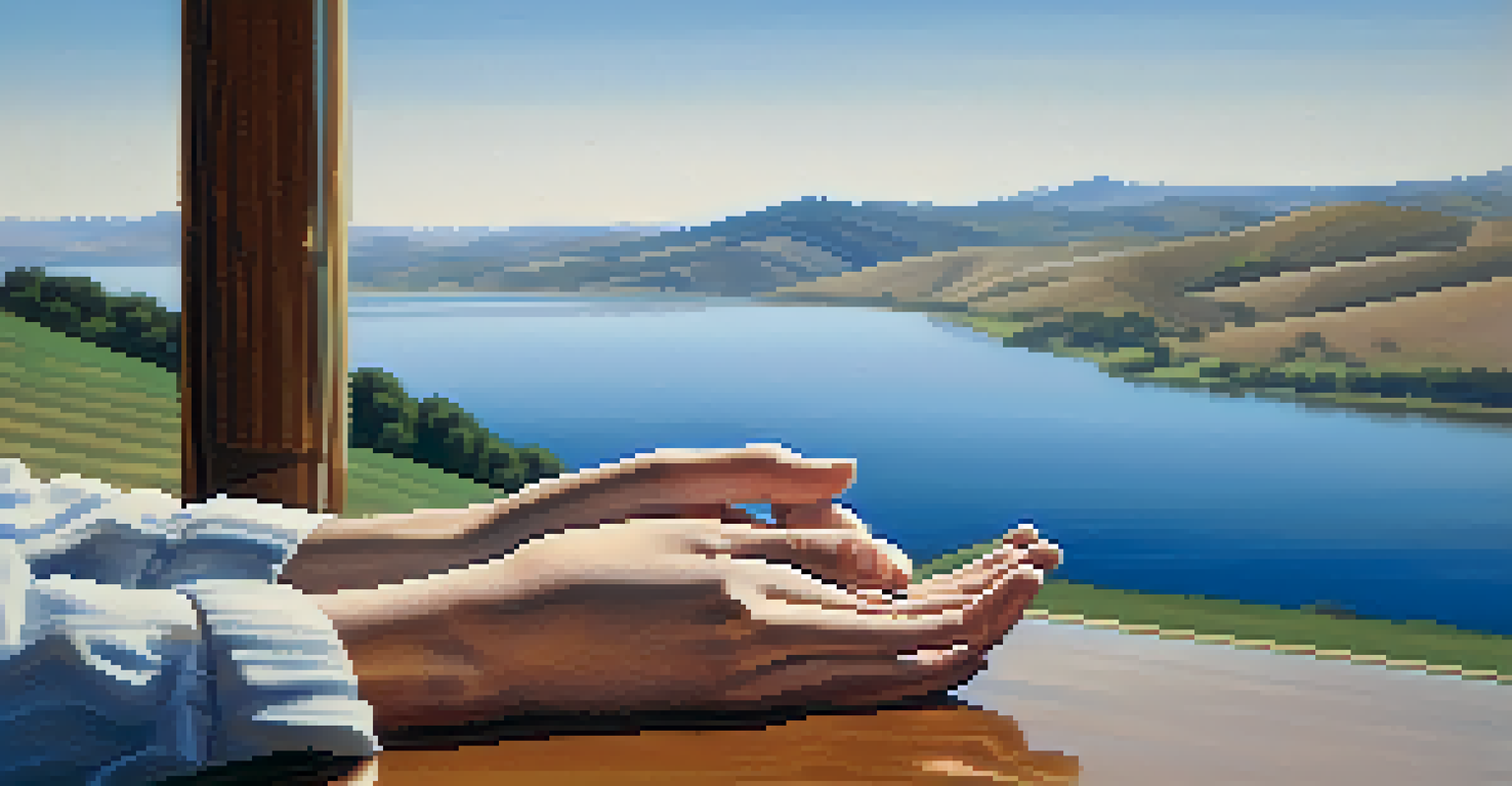 A close-up of clasped hands in prayer, with a serene expression on the person's face and a peaceful landscape in the background.