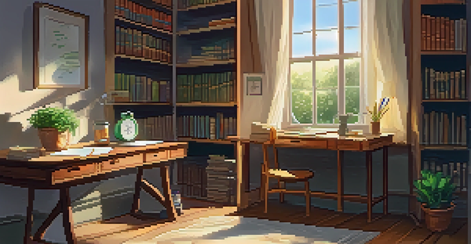 A cozy writing space with a wooden desk, an open journal, a cup of tea, and books on shelves, illuminated by sunlight.