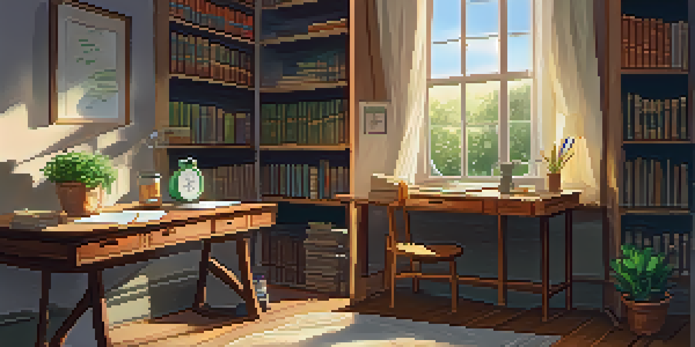 A cozy writing space with a wooden desk, an open journal, a cup of tea, and books on shelves, illuminated by sunlight.