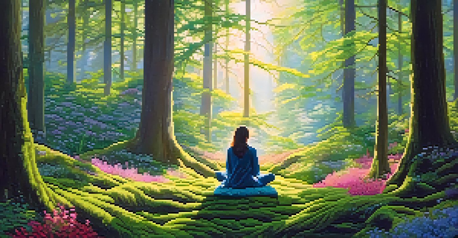 A person meditating on moss in a forest, surrounded by trees and colorful wildflowers.