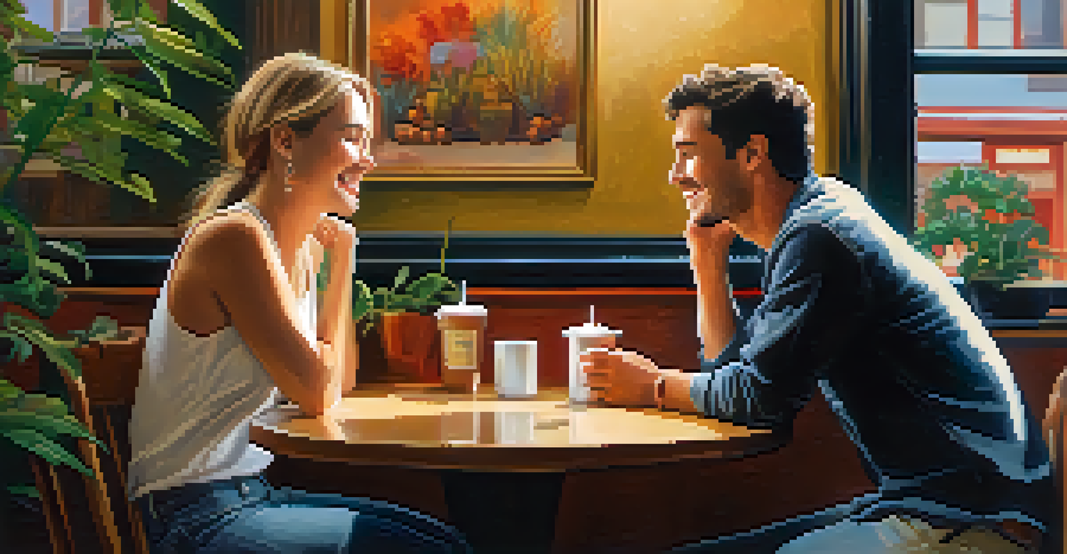 Two friends talking in a café, with one expressing gratitude and the other listening, surrounded by warm lights and plants.