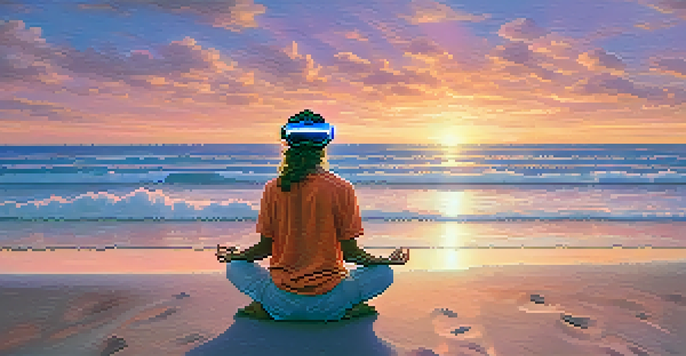 A person meditating on a beach at sunset while wearing virtual reality goggles, surrounded by calm waves and palm trees.