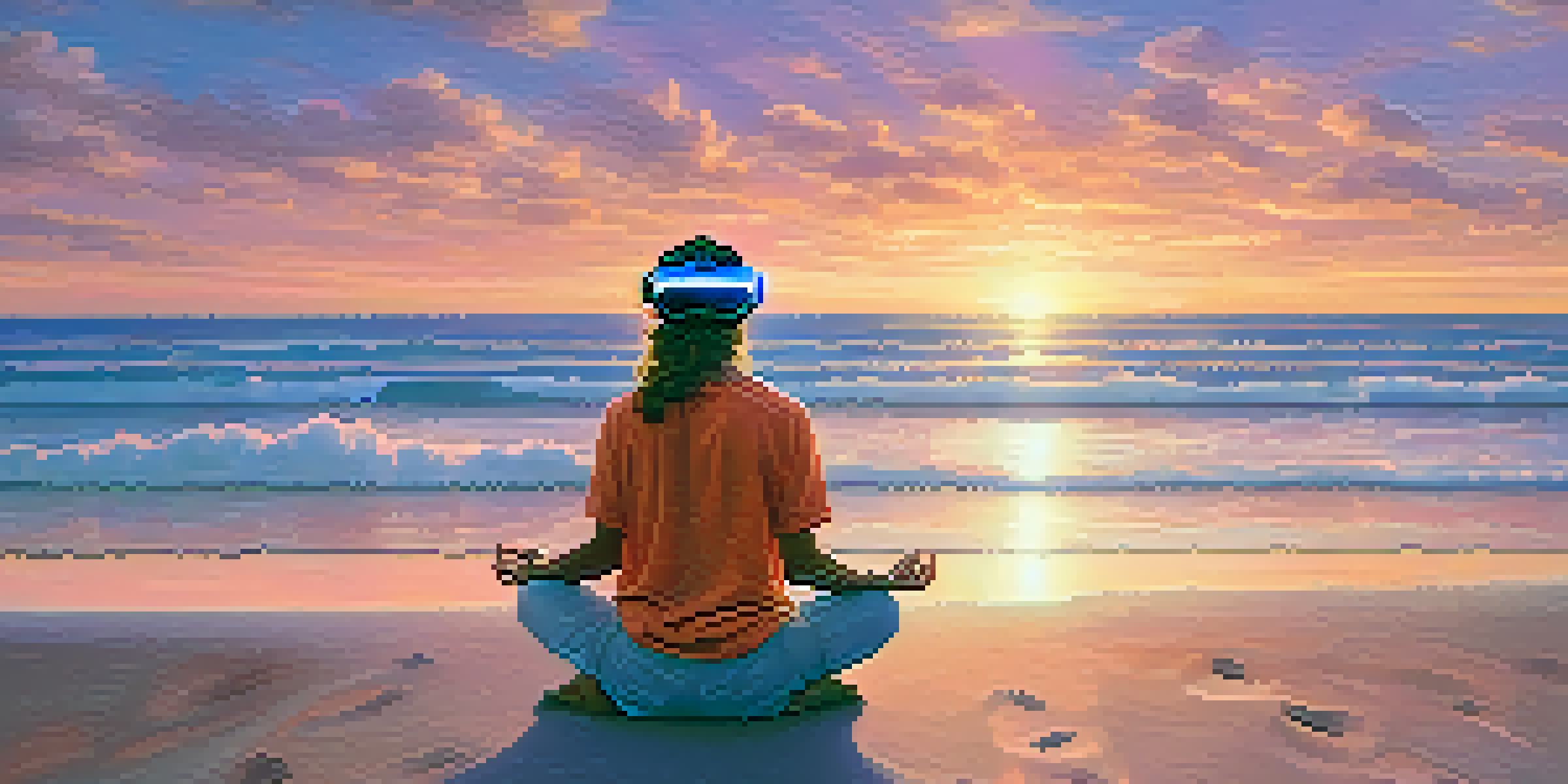 A person meditating on a beach at sunset while wearing virtual reality goggles, surrounded by calm waves and palm trees.
