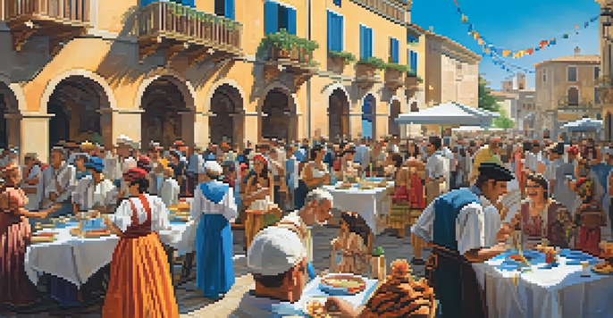 A colorful festival in the Mediterranean with people in traditional costumes celebrating, surrounded by historical buildings and a bright blue sky.