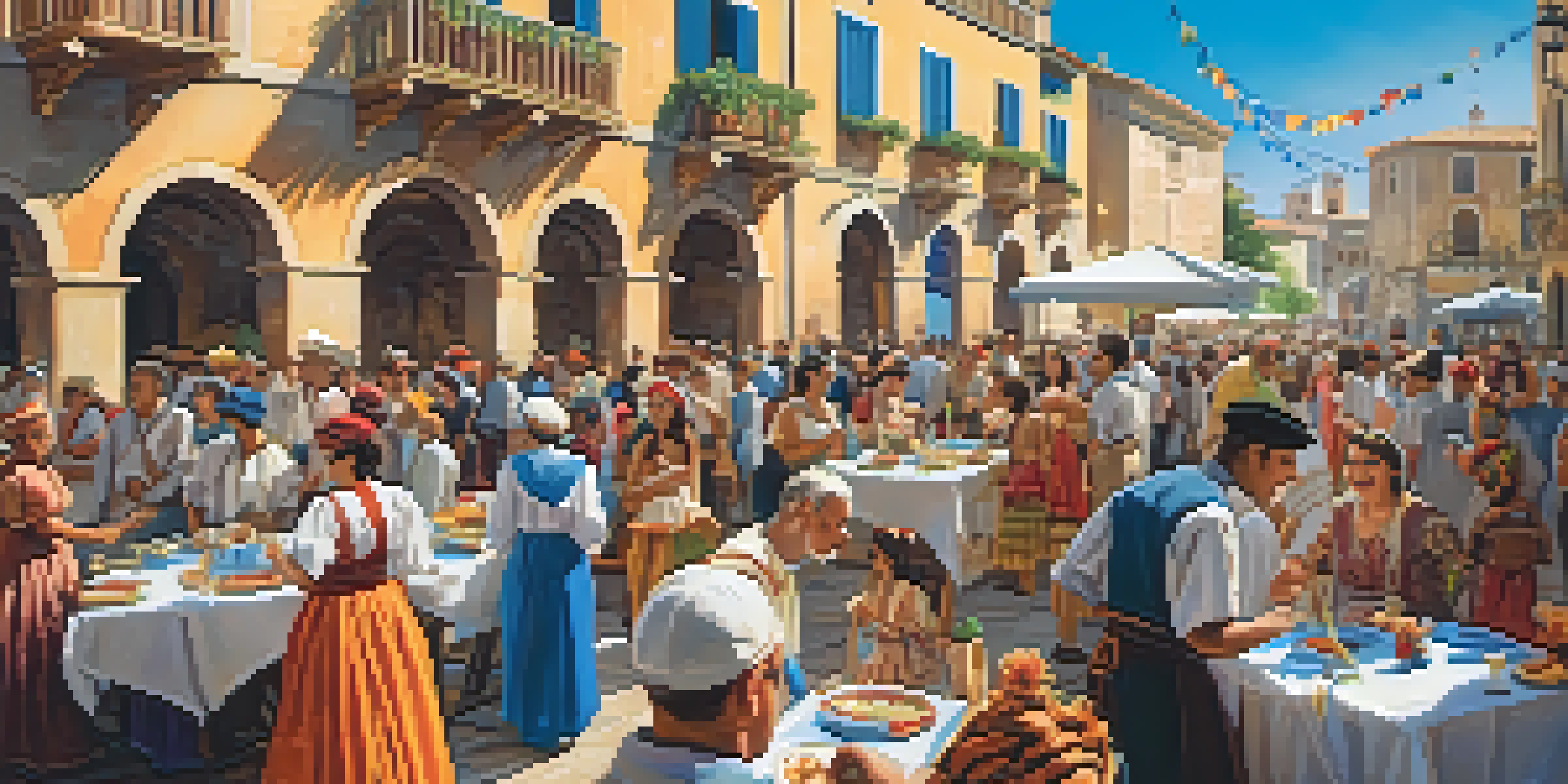 A colorful festival in the Mediterranean with people in traditional costumes celebrating, surrounded by historical buildings and a bright blue sky.