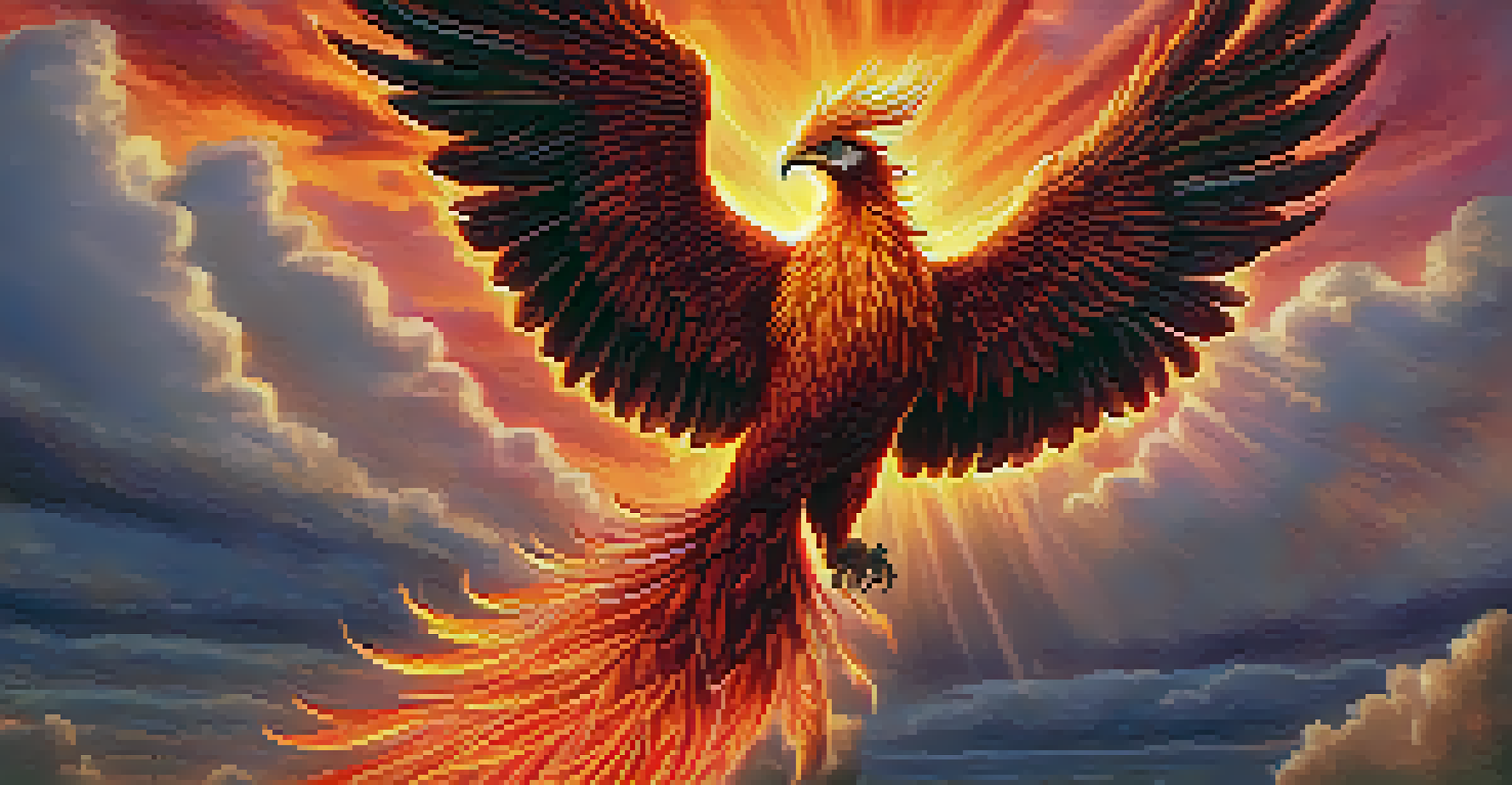 A majestic phoenix rising from ashes at sunset, representing empowerment and renewal through forgiveness.