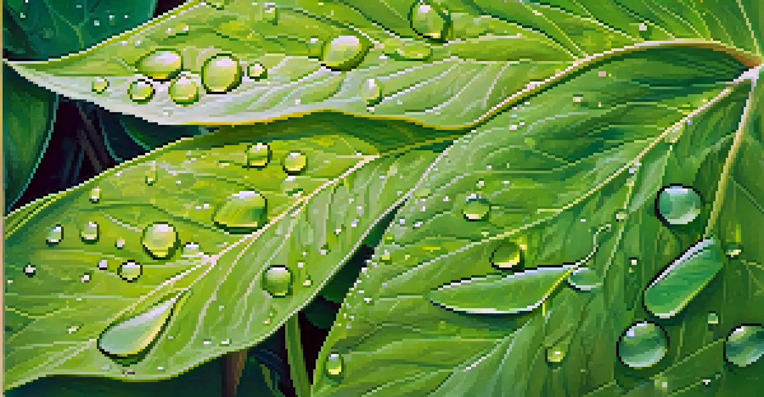 Close-up of fresh green leaves with dew drops sparkling in the sunlight, showcasing their intricate textures.