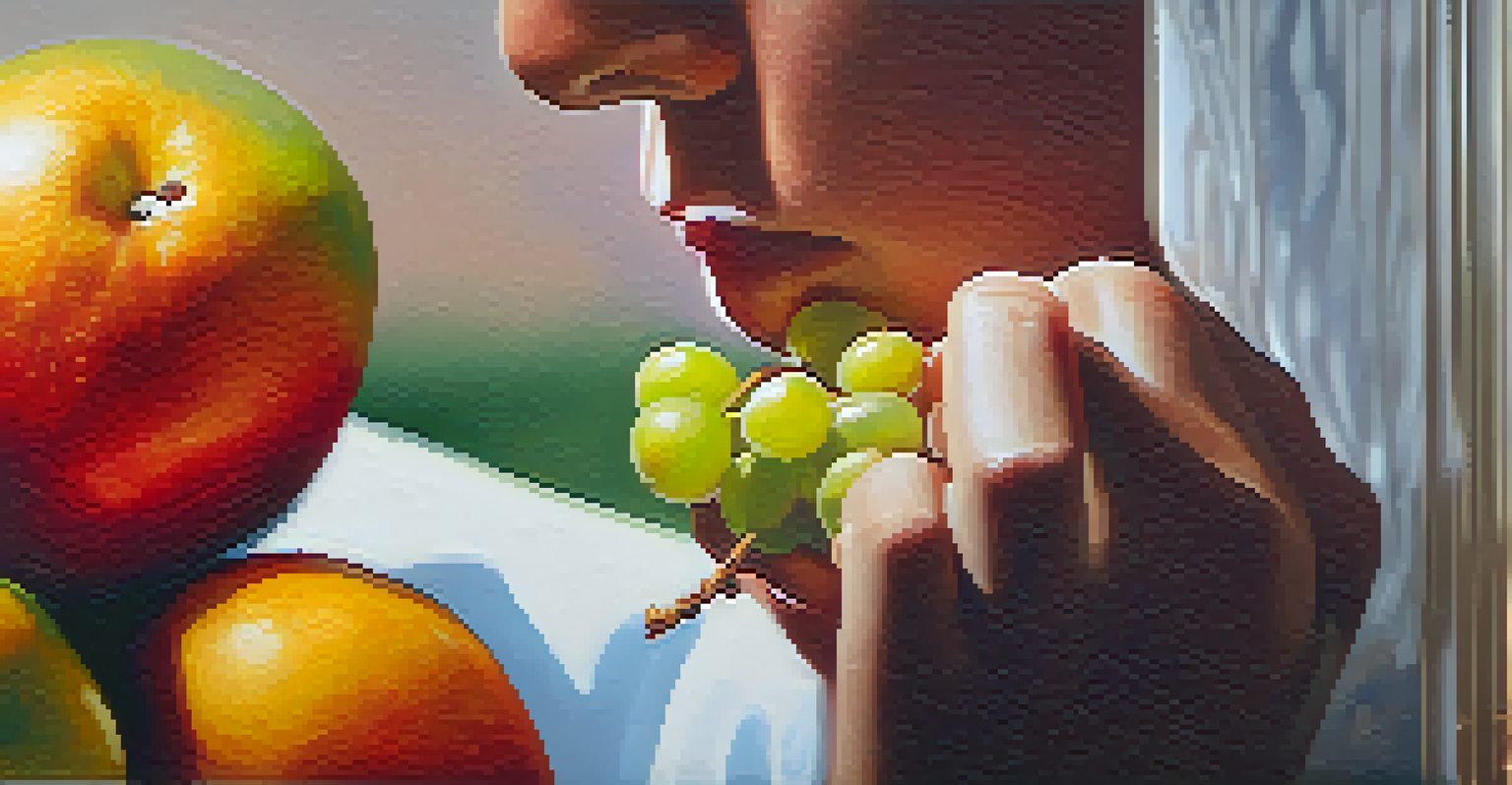 A person enjoying a piece of fruit, focusing on the textures and colors, representing mindful eating.