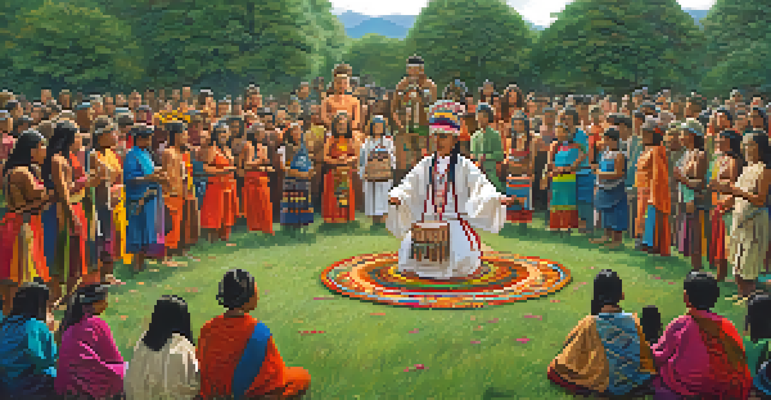 A shaman leading a healing ceremony in a meadow, surrounded by people dancing and meditating, with colorful decorations.