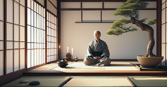 A person meditating cross-legged in a peaceful room, with soft light coming through screens and a bonsai tree nearby.